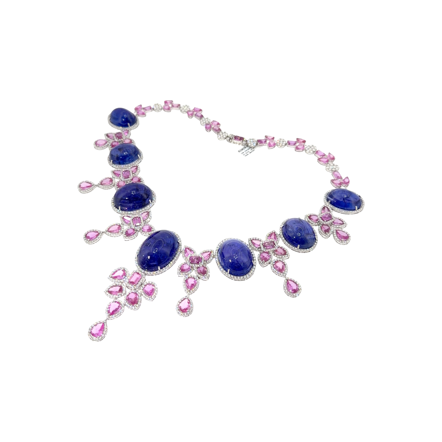 18KT WHITE GOLD DIAMOND PINK SAPPHIRE & TANZANITE NECKLACE
