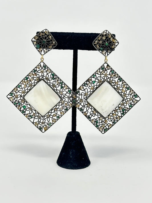 Mother of Pearl with emerald and Diamond Earring