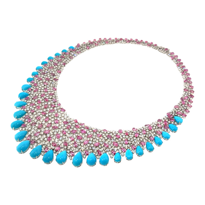 18KT WHITE GOLD DIAMOND SLEEPING BEAUTY TURQUOISE & PINK SAPPHIRE NECKLACE