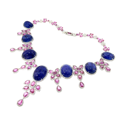 18KT WHITE GOLD DIAMOND PINK SAPPHIRE & TANZANITE NECKLACE