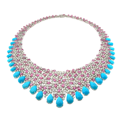 18KT WHITE GOLD DIAMOND SLEEPING BEAUTY TURQUOISE & PINK SAPPHIRE NECKLACE