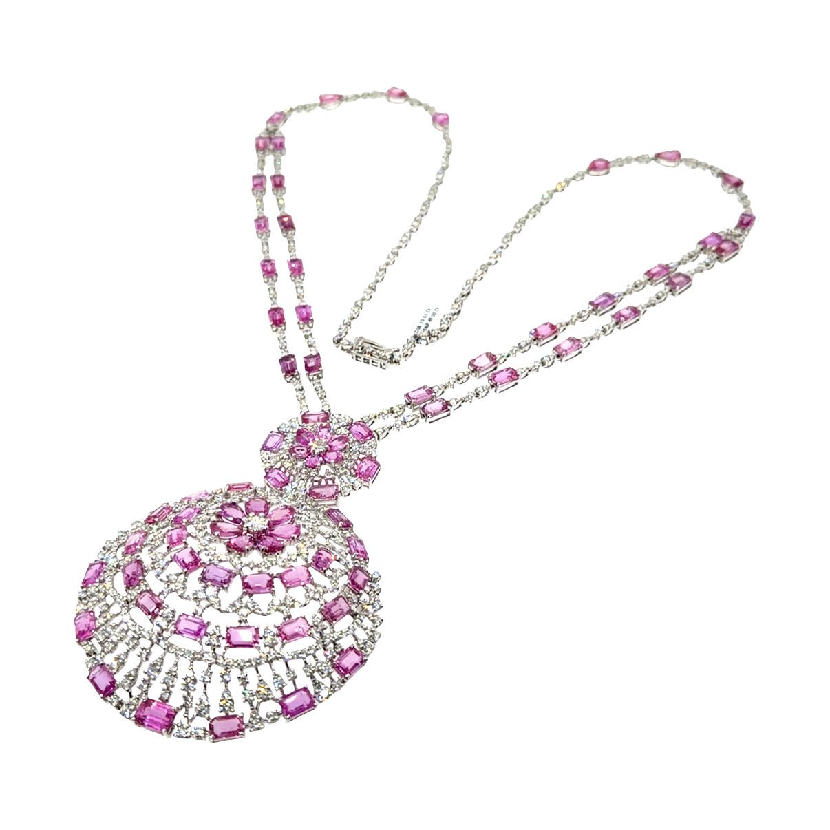 18KT WHITE GOLD DIAMOND PINK SAPPHIRE NECKLACE