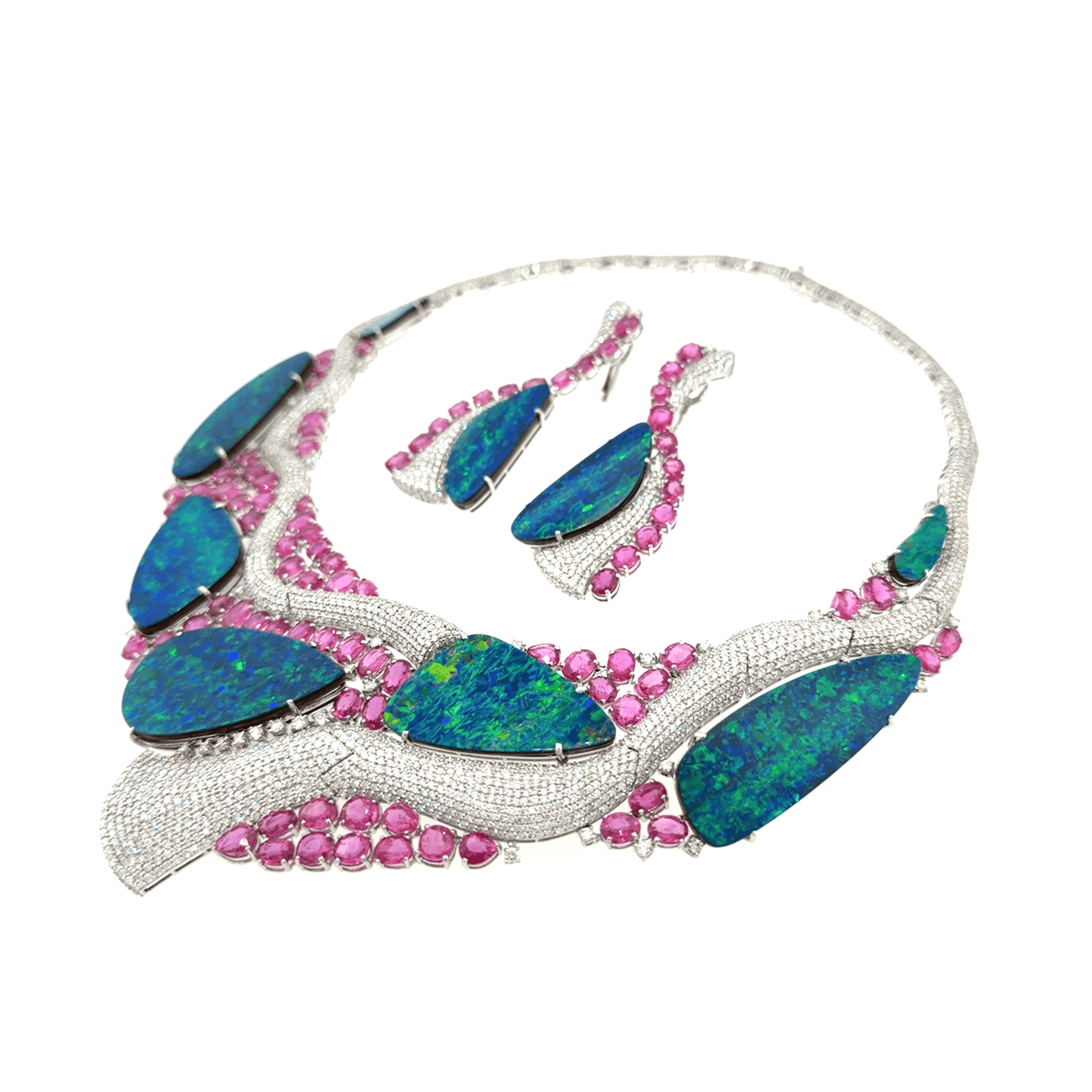18KT WHITE GOLD DIAMOND AUSTRALIAN DOUBLET OPAL & RUBY NECKLACE