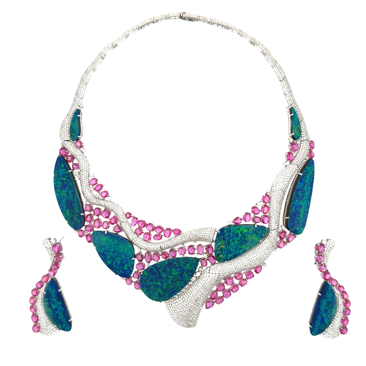 18KT WHITE GOLD DIAMOND AUSTRALIAN DOUBLET OPAL & RUBY NECKLACE