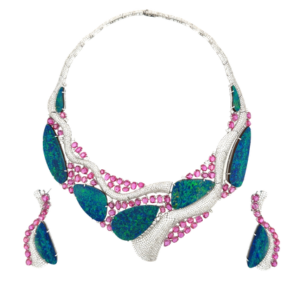 18KT WHITE GOLD DIAMOND AUSTRALIAN DOUBLET OPAL & RUBY NECKLACE