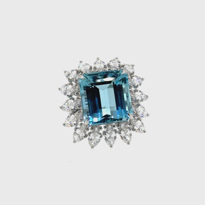 18KT WHITE GOLD DIAMOND AQUAMARINE RING