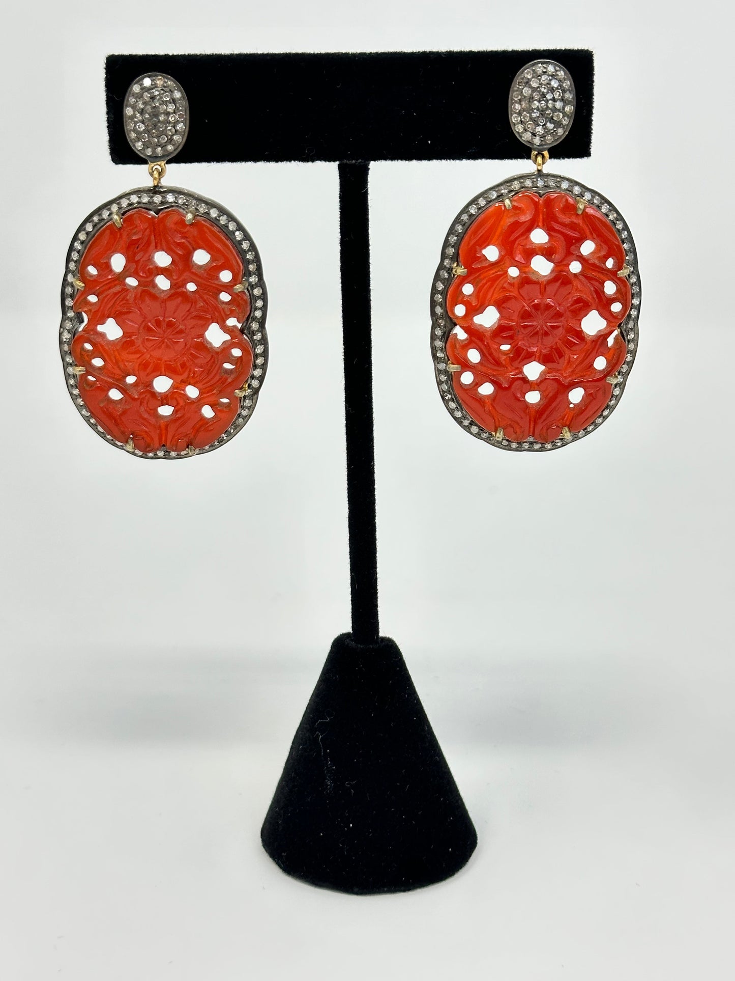 Dark orange Agate and Diamond Earring