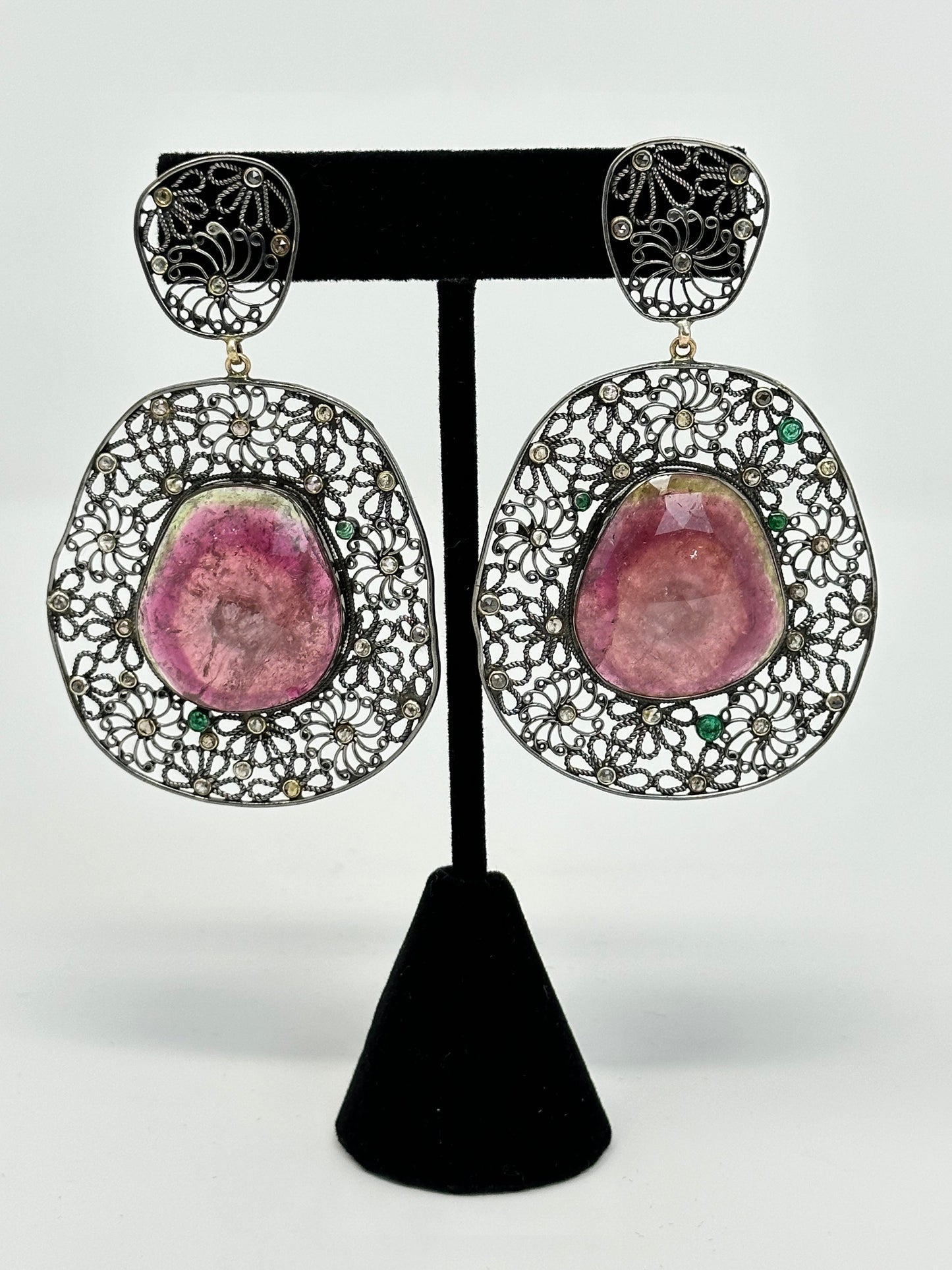 Pink Tourmaline with Emerald and Diamond Earring