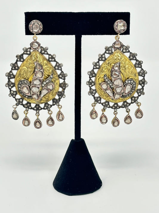 Two tone 14k Yellow Gold and Silver Rosecut Diamond Earring