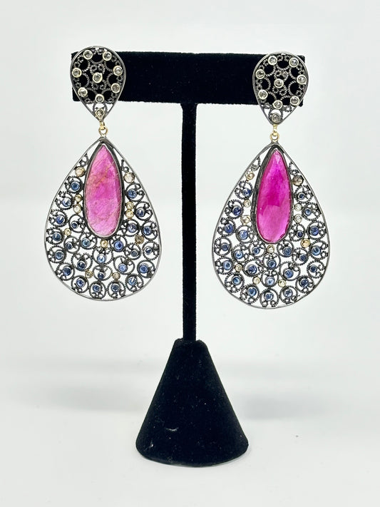 Ruby with Sapphire and Diamond Earring