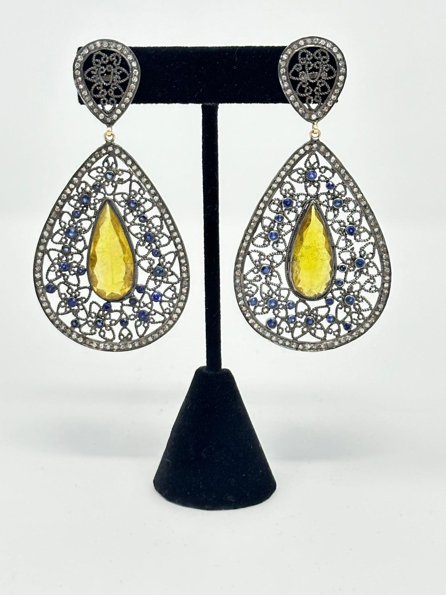 yellow Citrine with Sapphire and Diamond Earring