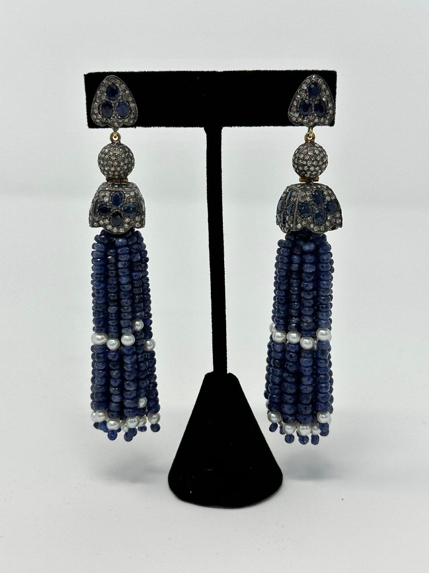 Blue Sapphire with pearl and Diamond  tassel Earring