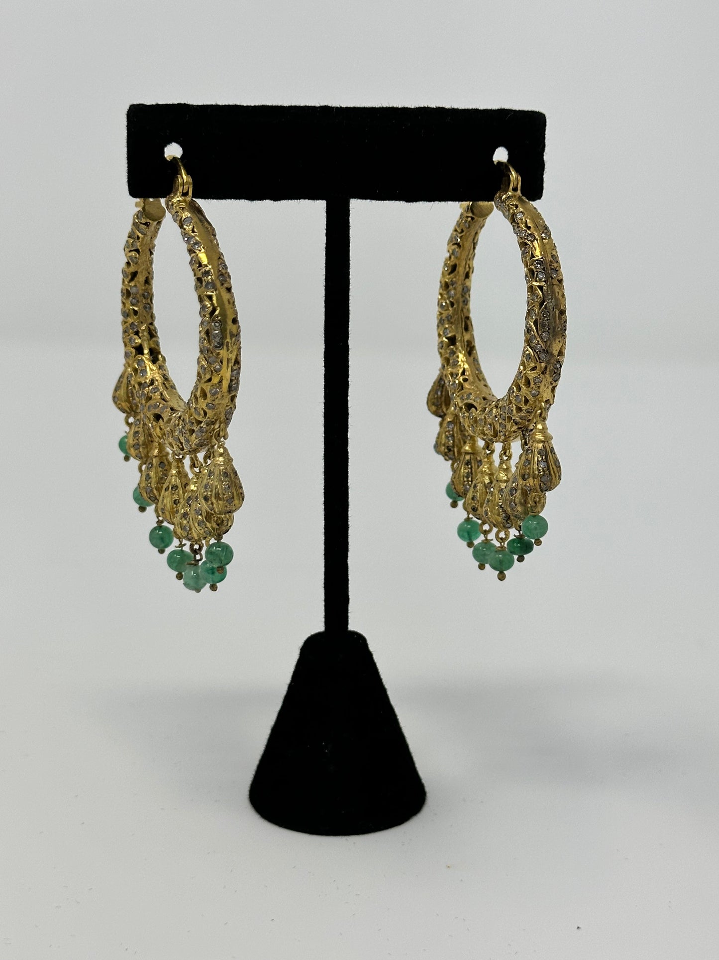 Gold tone Emerald and diamond Hoop Earrings
